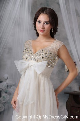 White Empire V-neck Floor-length Beading Prom Dress with Bow