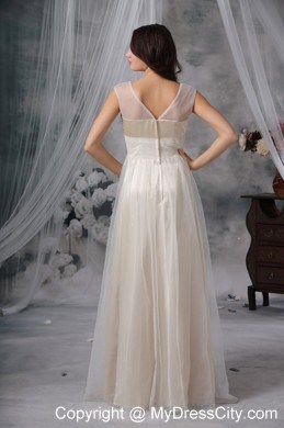 White Empire V-neck Floor-length Beading Prom Dress with Bow