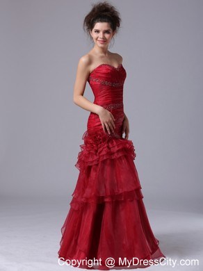 Mermaid Ruffles Red Sweetheart With Beading Prom Dress Organza