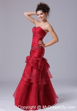 Mermaid Ruffles Red Sweetheart With Beading Prom Dress Organza