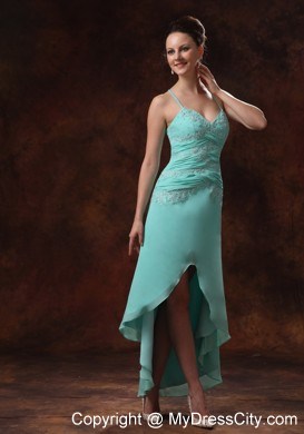 High-low Spaghetti Straps Turquoise Prom Dress Appliques and Ruche