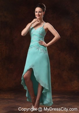 High-low Spaghetti Straps Turquoise Prom Dress Appliques and Ruche