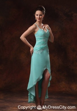 High-low Spaghetti Straps Turquoise Prom Dress Appliques and Ruche