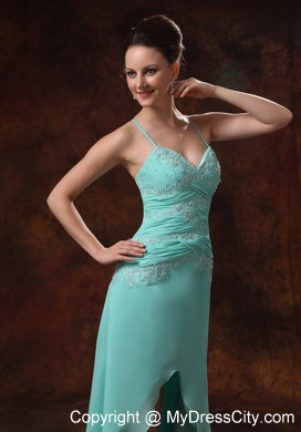 High-low Spaghetti Straps Turquoise Prom Dress Appliques and Ruche