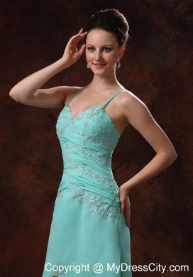 High-low Spaghetti Straps Turquoise Prom Dress Appliques and Ruche