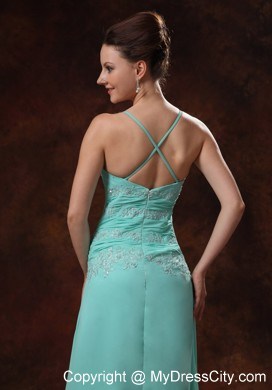 High-low Spaghetti Straps Turquoise Prom Dress Appliques and Ruche