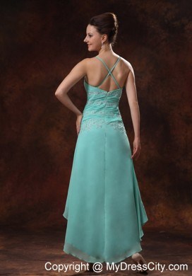 High-low Spaghetti Straps Turquoise Prom Dress Appliques and Ruche