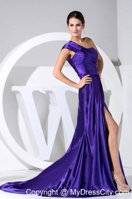 High Slit Purple Column One Shoulder Brush Train Prom Dress