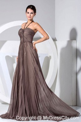 Halter Pleat Bodice Brown Chiffon Prom Dress with Brush Train