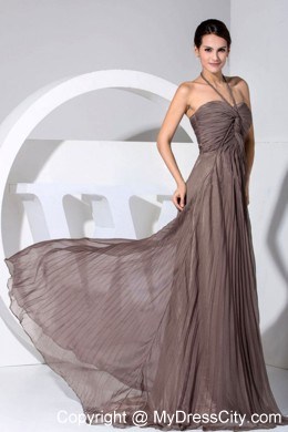 Halter Pleat Bodice Brown Chiffon Prom Dress with Brush Train