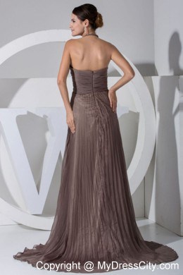 Halter Pleat Bodice Brown Chiffon Prom Dress with Brush Train