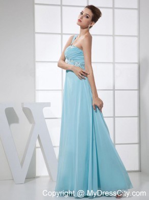 One Shoulder Light Blue Empire Prom Dress with Beading