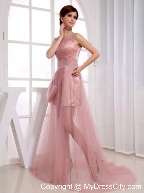 Pink Tulle A-Line Prom Dress with Beaded Waist Scoop Court Train