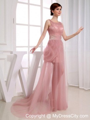 Pink Tulle A-Line Prom Dress with Beaded Waist Scoop Court Train