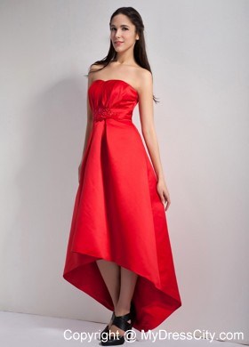 High-low Red A-line Strapless Satin Prom Dress with Appliques