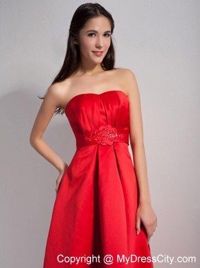 High-low Red A-line Strapless Satin Prom Dress with Appliques