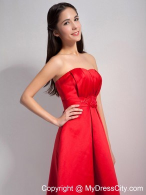 High-low Red A-line Strapless Satin Prom Dress with Appliques