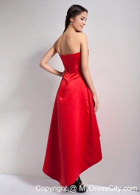 High-low Red A-line Strapless Satin Prom Dress with Appliques