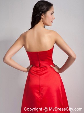 High-low Red A-line Strapless Satin Prom Dress with Appliques