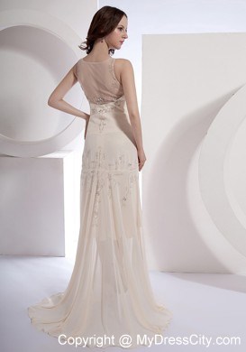 Scoop Champagne Beading Chiffon Brush Train Prom Dress