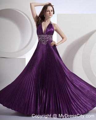 Halter A-line Beading Bodice Purple Prom Dress with Brush Train