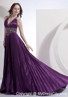 Halter A-line Beading Bodice Purple Prom Dress with Brush Train