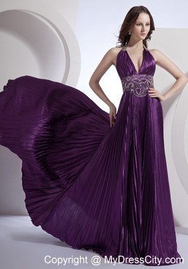 Halter A-line Beading Bodice Purple Prom Dress with Brush Train