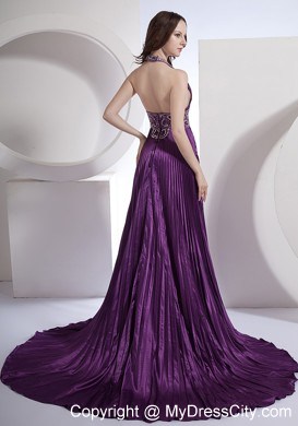 Halter A-line Beading Bodice Purple Prom Dress with Brush Train