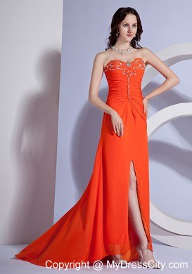 Beaded Bust Orange Red High Slit with Brush Train Prom Dress