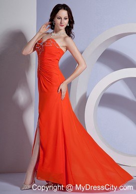 Beaded Bust Orange Red High Slit with Brush Train Prom Dress