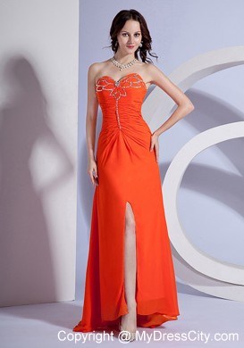 Beaded Bust Orange Red High Slit with Brush Train Prom Dress