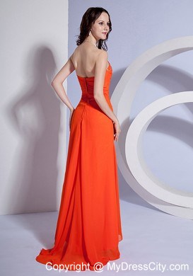 Beaded Bust Orange Red High Slit with Brush Train Prom Dress