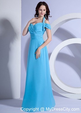 Ruching Halter Bodice Prom Dress Aqua Blue Chiffon Floor-length