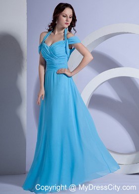 Ruching Halter Bodice Prom Dress Aqua Blue Chiffon Floor-length