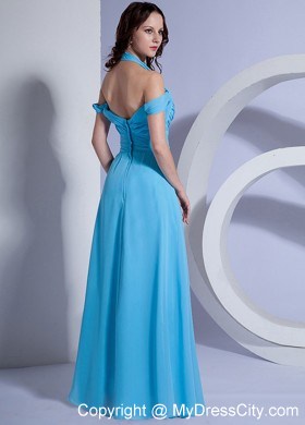 Ruching Halter Bodice Prom Dress Aqua Blue Chiffon Floor-length