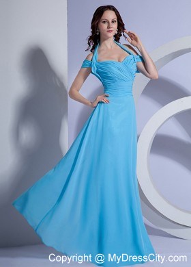 Ruching Halter Bodice Prom Dress Aqua Blue Chiffon Floor-length