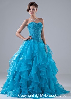 Beading Sweetheart A-Line Ruffles Blue Floor-length Prom Dress