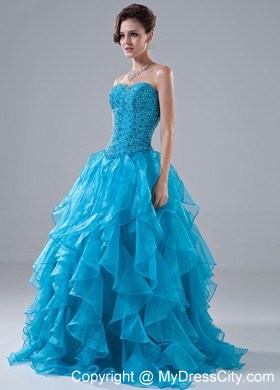 Beading Sweetheart A-Line Ruffles Blue Floor-length Prom Dress