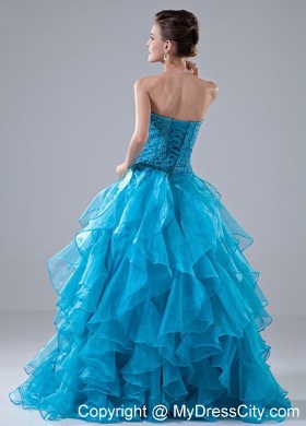 Beading Sweetheart A-Line Ruffles Blue Floor-length Prom Dress