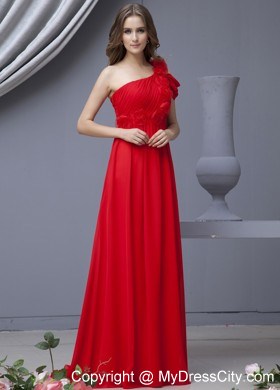 Red Hand Flower Prom Dress Watteau Train Chiffon With One Shoulder