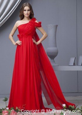 Red Hand Flower Prom Dress Watteau Train Chiffon With One Shoulder