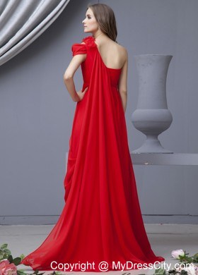 Red Hand Flower Prom Dress Watteau Train Chiffon With One Shoulder