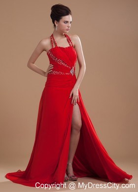 Halter Beading Bodice High Slit Red Chiffon Brush Train Prom Dress