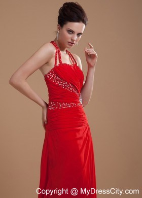 Halter Beading Bodice High Slit Red Chiffon Brush Train Prom Dress