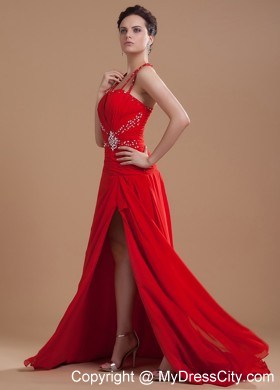 Halter Beading Bodice High Slit Red Chiffon Brush Train Prom Dress