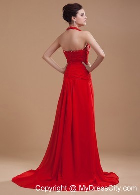 Halter Beading Bodice High Slit Red Chiffon Brush Train Prom Dress