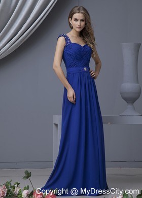 Beaded Straps Blue Ruche Sweetheart Chiffon Floor-length Prom Dress