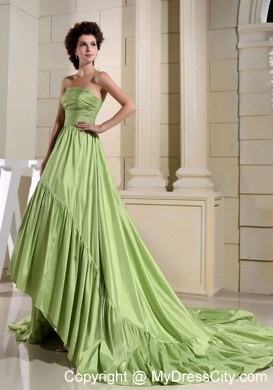 Strapless Yellow Green Ruching Fitted Prom Dress with Court Train