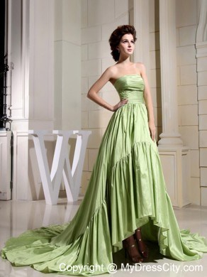 Strapless Yellow Green Ruching Fitted Prom Dress with Court Train