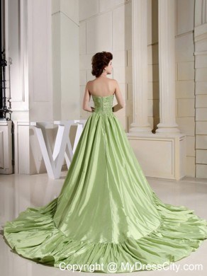 Strapless Yellow Green Ruching Fitted Prom Dress with Court Train